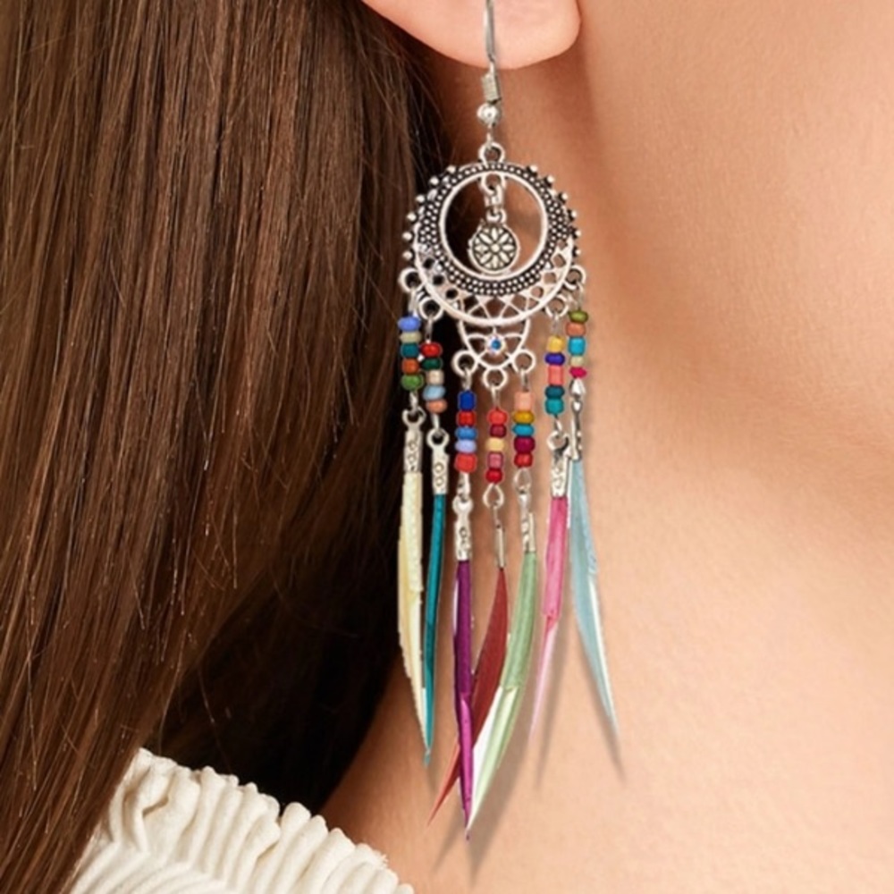 BOGO Jewel Tone Boho Feather Silver Earrings - Picture 3 of 8